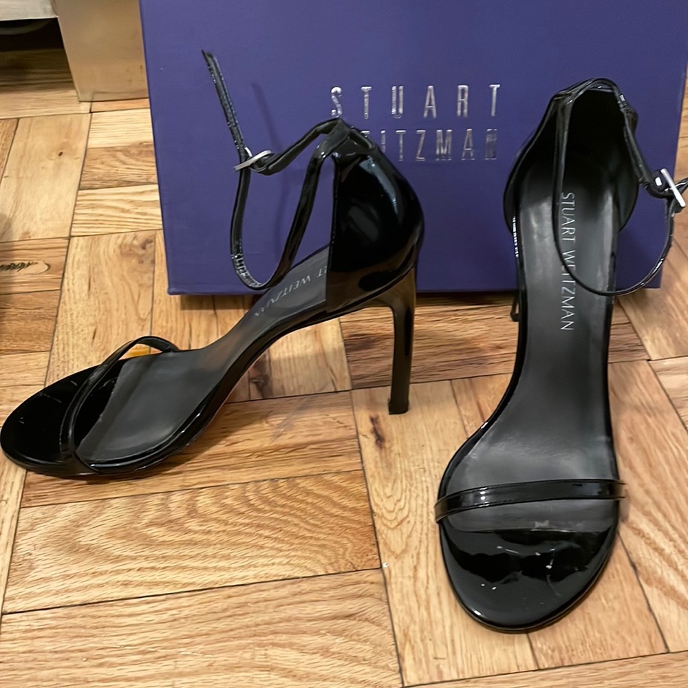 Stuart Weitzman Black Patent Nudistsong heel sandal